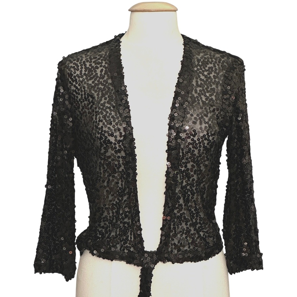Cocktail Glam Womens Top 0 S Black Sequin Bolero Cardigan Tie Layer Holiday NYE
